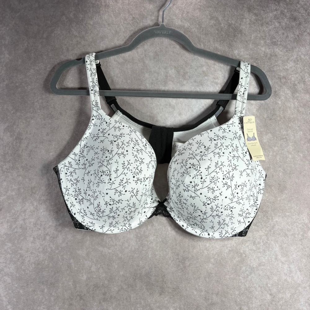 Cacique Bra Womens 44D White Cotton Boost Plunge Floral Push Up Underwire NEW